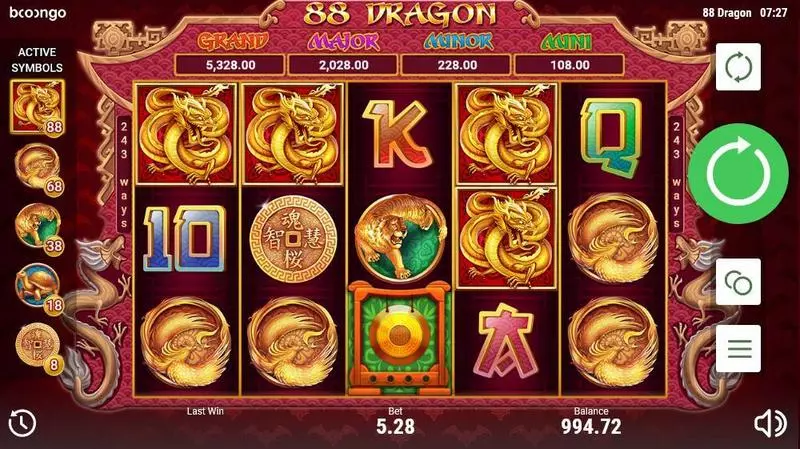 88 Dragon Booongo Slot Main Screen Reels