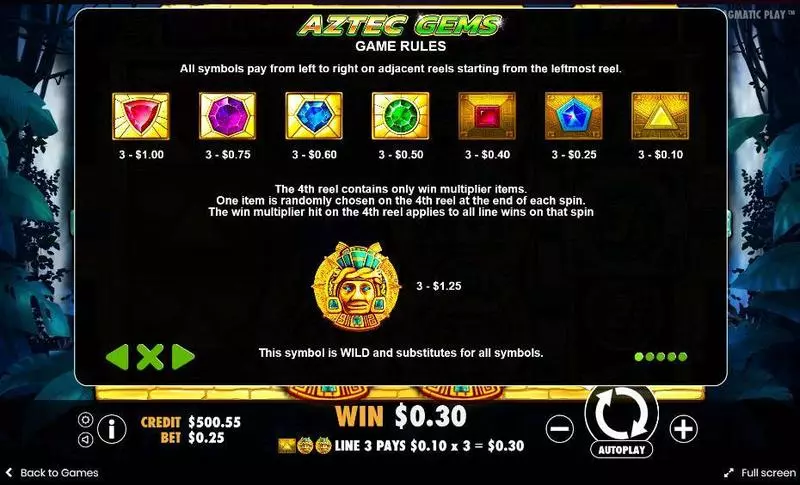 Aztec Gems Pragmatic Play Slot Paytable