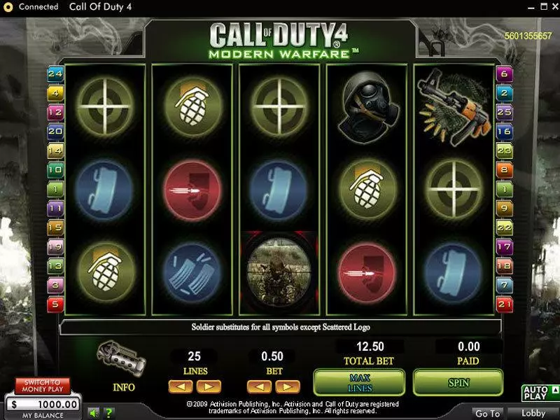 Call of Duty 4 Modern Warfare 888 Slot Main Screen Reels