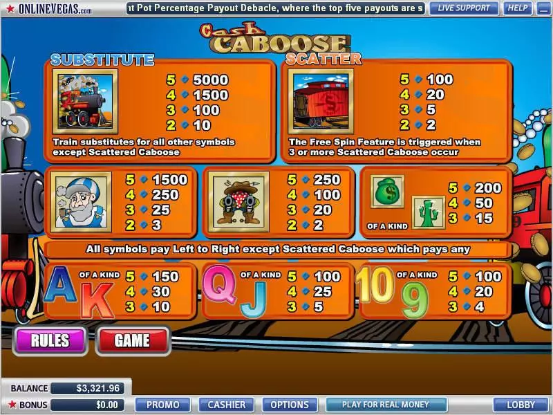 Cash Caboose WGS Technology Slot Info and Rules