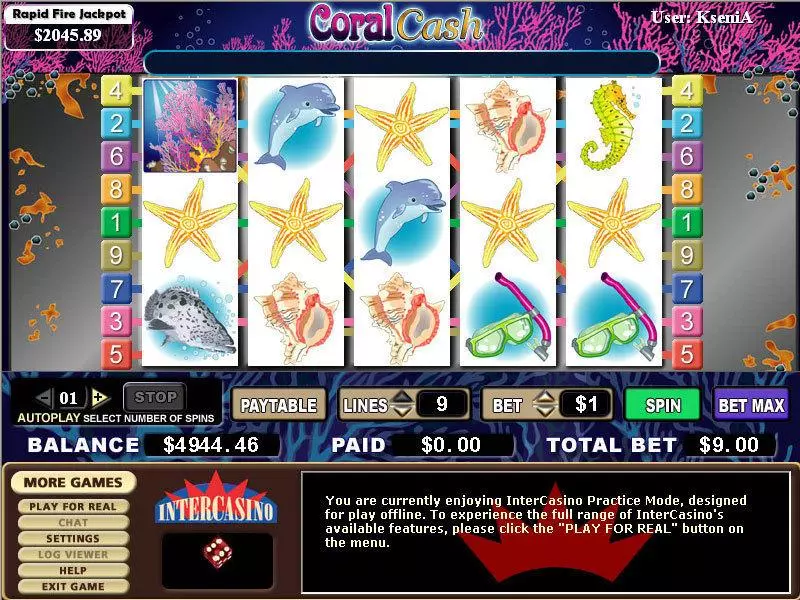 Coral Cash CryptoLogic Slot Main Screen Reels