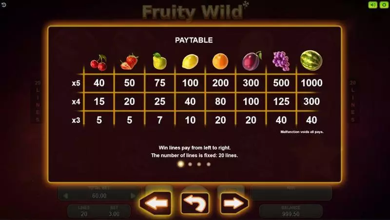 Fruity Wild Booongo Slot Paytable