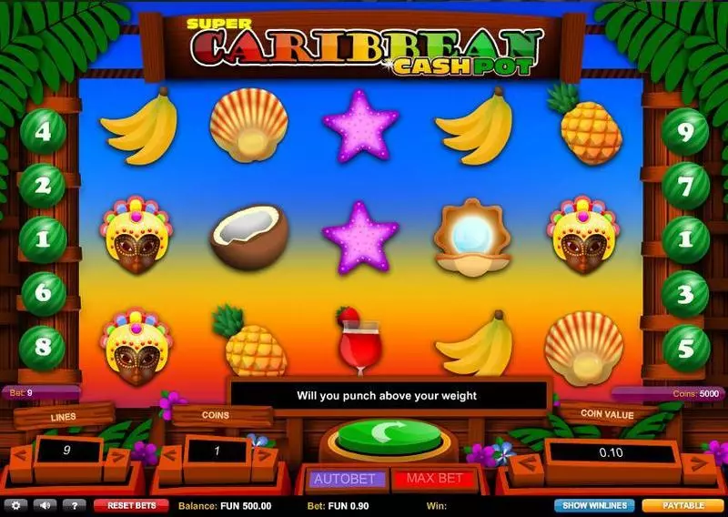 Super Caribbean Cashpot 1x2 Gaming Slot Main Screen Reels